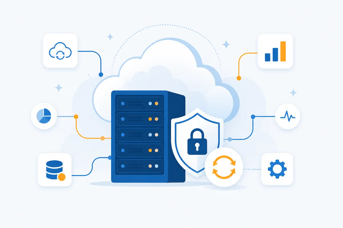 Illustratie van Europese Odoo-hosting: server en cloud met beveiligingsschild, back-ups en monitoring