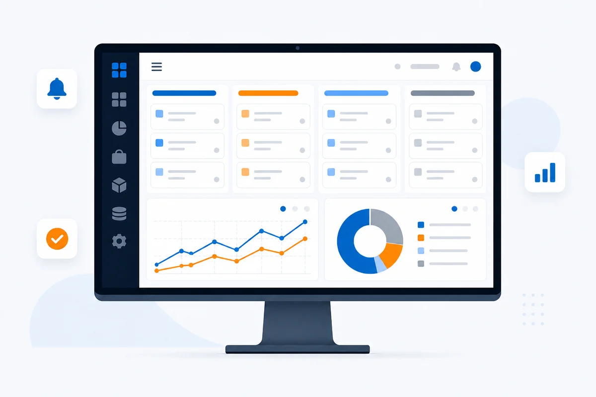 Illustratie van een modern Odoo-dashboard op een beeldscherm, met kanbanborden en grafieken