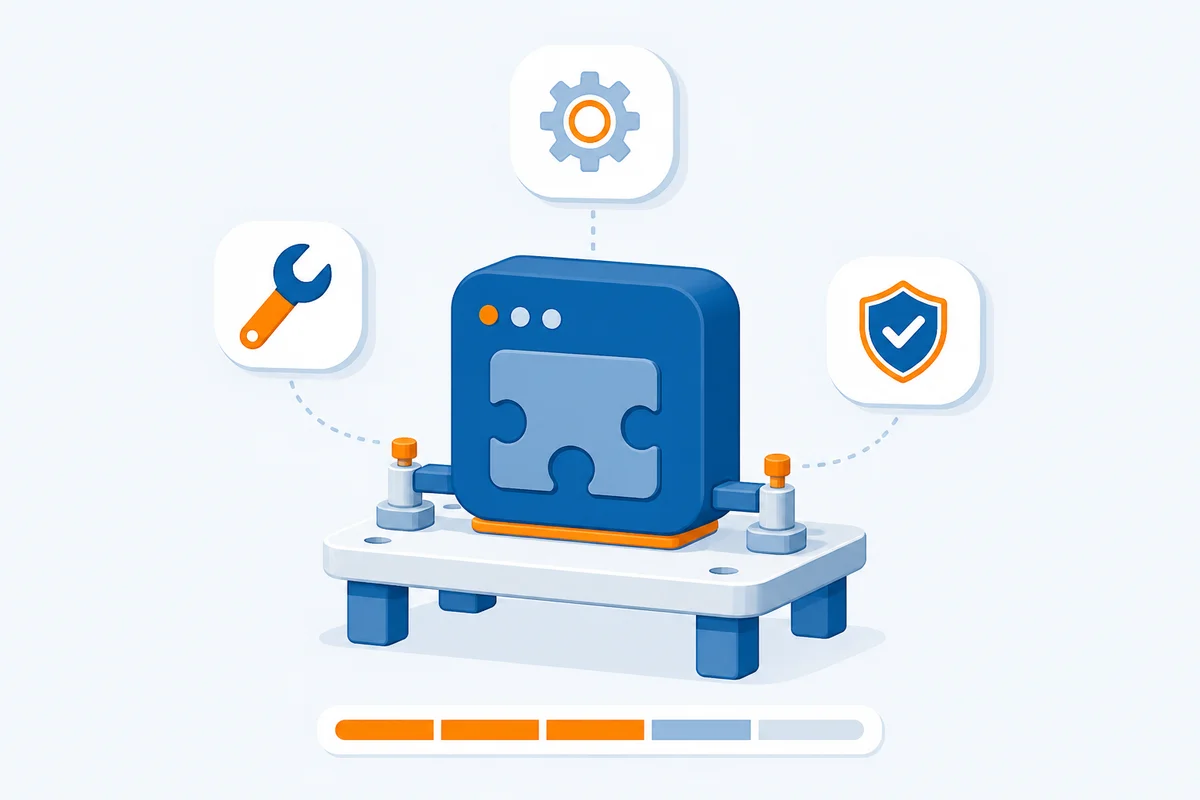 Illustratie van softwareontwikkeling in eigen beheer: een module wordt zorgvuldig gebouwd en getest, met gereedschap en een controlevinkje